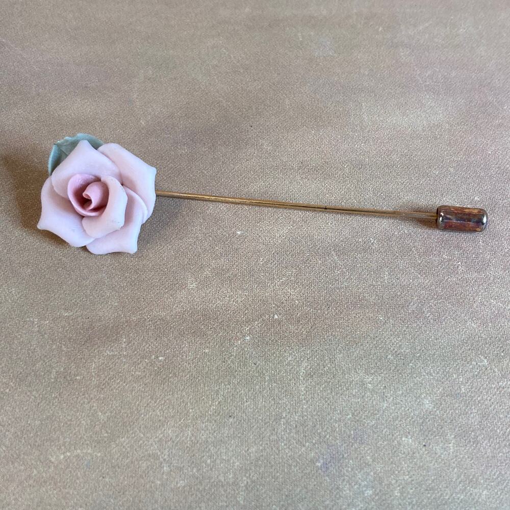Blush Pink Porcelain Rose & Petals Stick Pin Victorian Revival EUC Vintage 80s